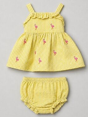 Starting out yellow and white Searsucker smocked dress and bloomer set flamingos